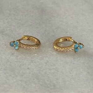 COPY - Gold Turquoise Crystal Flower Huggie Hoop Earrings Brand New